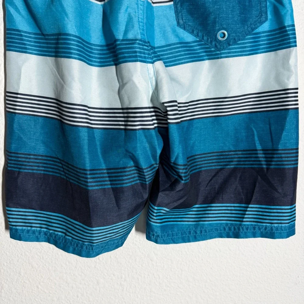 Nike Just‎ Do It Trunks Shorts Boys Teal Blue Striped Drawstring Beach Swimwear